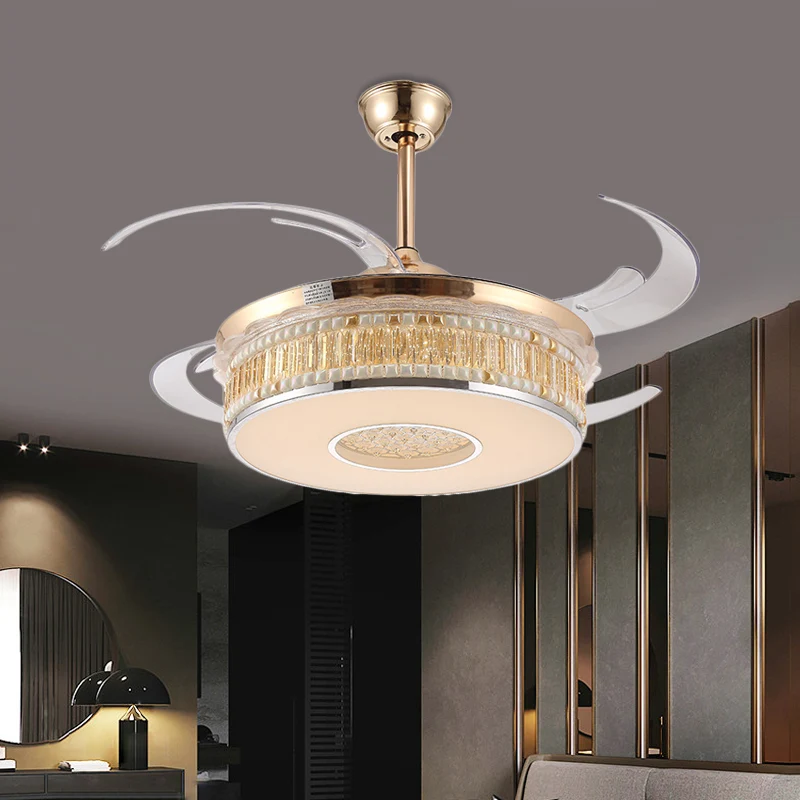 Gouden ronde hangende ventilator verlichting metalen LED slaapkamer semi-inbouw plafondlamp met 4 heldere bladen, 42" bree...