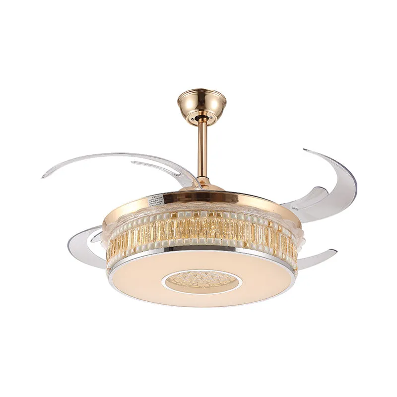 Gouden ronde hangende ventilator verlichting metalen LED slaapkamer semi-inbouw plafondlamp met 4 heldere bladen, 42" bree...