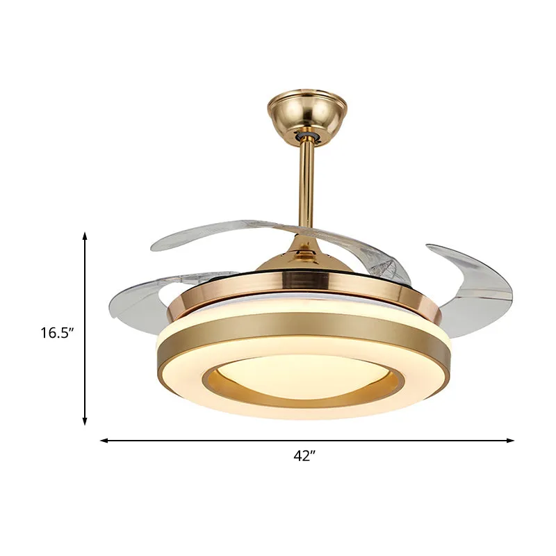 Gouden ronde hangende ventilatorverlichting eigentijds acryl 42" W LED eetkamer halfverzonken plafondlamp met 4 heldere bl...
