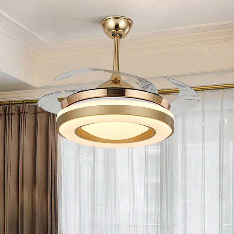 Gouden ronde hangende ventilatorverlichting eigentijds acryl 42" W LED eetkamer halfverzonken plafondlamp met 4 heldere bl...