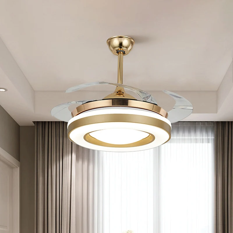 Gouden ronde hangende ventilatorverlichting eigentijds acryl 42" W LED eetkamer halfverzonken plafondlamp met 4 heldere bl...