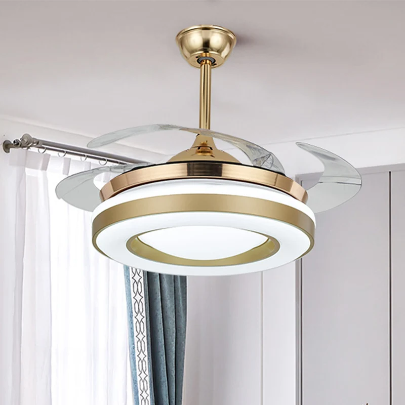 Gouden ronde hangende ventilatorverlichting eigentijds acryl 42" W LED eetkamer halfverzonken plafondlamp met 4 heldere bl...
