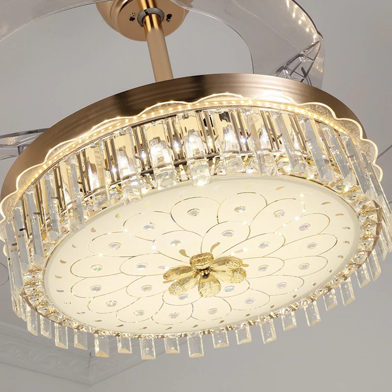 Gouden ronde plafondventilator, moderne LED-kristallen semi-gemonteerde verlichting met afstandsbediening/wandbediening Cl...