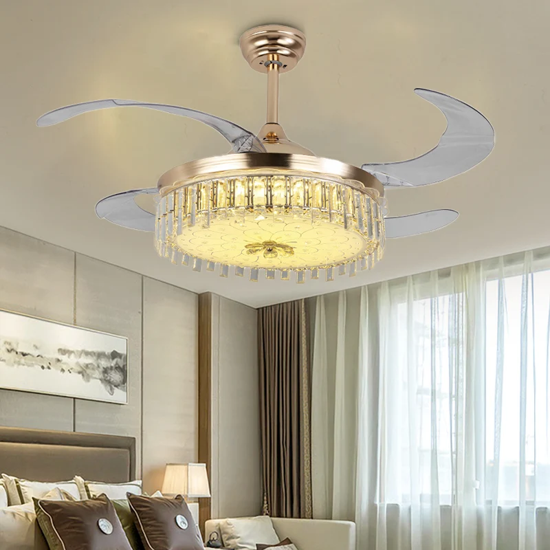 Gouden ronde plafondventilator, moderne LED-kristallen semi-gemonteerde verlichting met afstandsbediening/wandbediening Cl...