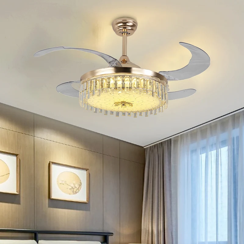 Gouden ronde plafondventilator, moderne LED-kristallen semi-gemonteerde verlichting met afstandsbediening/wandbediening Cl...