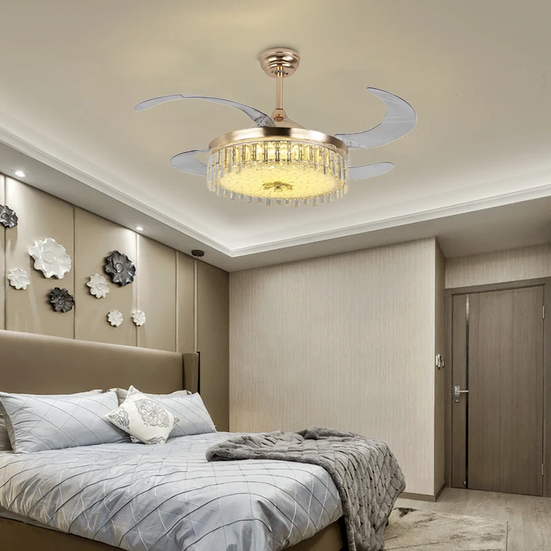 Gouden ronde plafondventilator, moderne LED-kristallen semi-gemonteerde verlichting met afstandsbediening/wandbediening Cl...