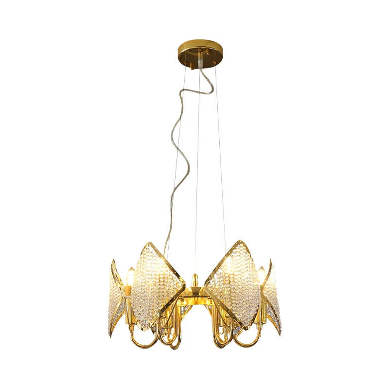 Gouden schilferige kroonluchter moderne 6-lichts metalen plafondlamp met kristallen kralen Clearhalo