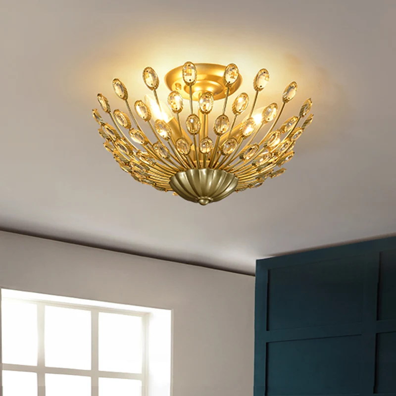 Gouden semi-inbouwlamp met 3 lampen, vintage kristallen komvormige plafondlamp voor slaapkamer Clearhalo