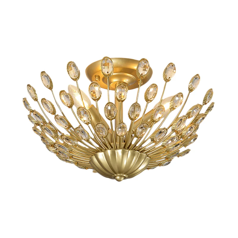 Gouden semi-inbouwlamp met 3 lampen, vintage kristallen komvormige plafondlamp voor slaapkamer Clearhalo