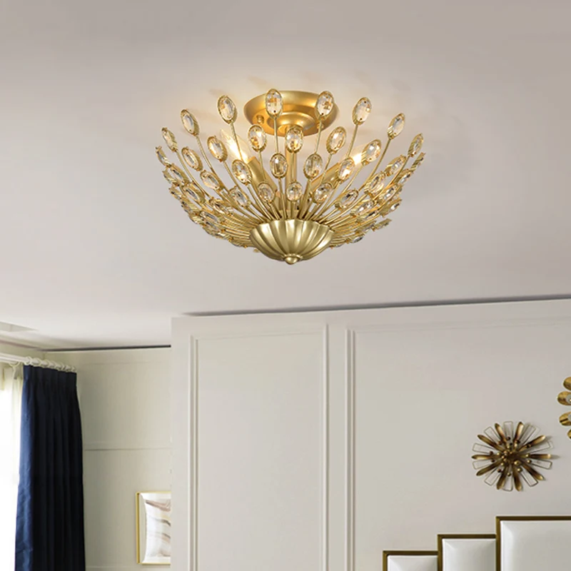 Gouden semi-inbouwlamp met 3 lampen, vintage kristallen komvormige plafondlamp voor slaapkamer Clearhalo