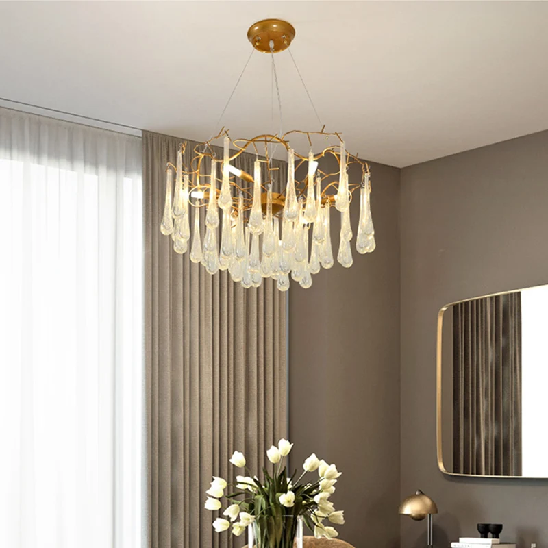 Gouden Tak Plafondkroonluchter Postmodern Waterdrop Kristal 5 Hoofden Eetkamer Ophangverlichting Clearhalo
