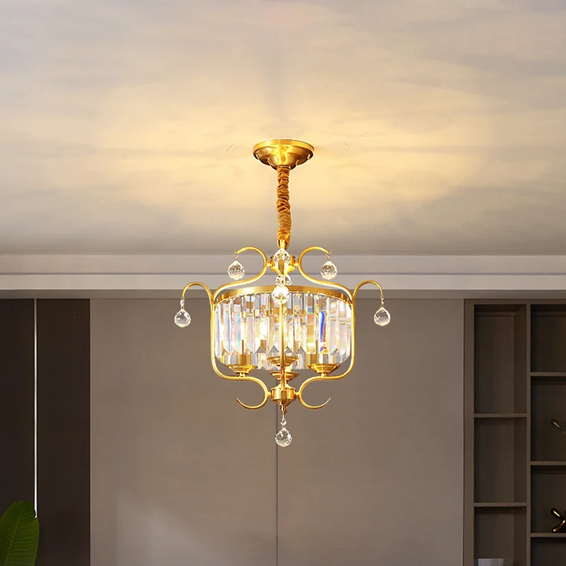 Gouden trommelvormige ophangverlichting Traditionele kristallen restaurantkroonluchter met 4 lampen Clearhalo