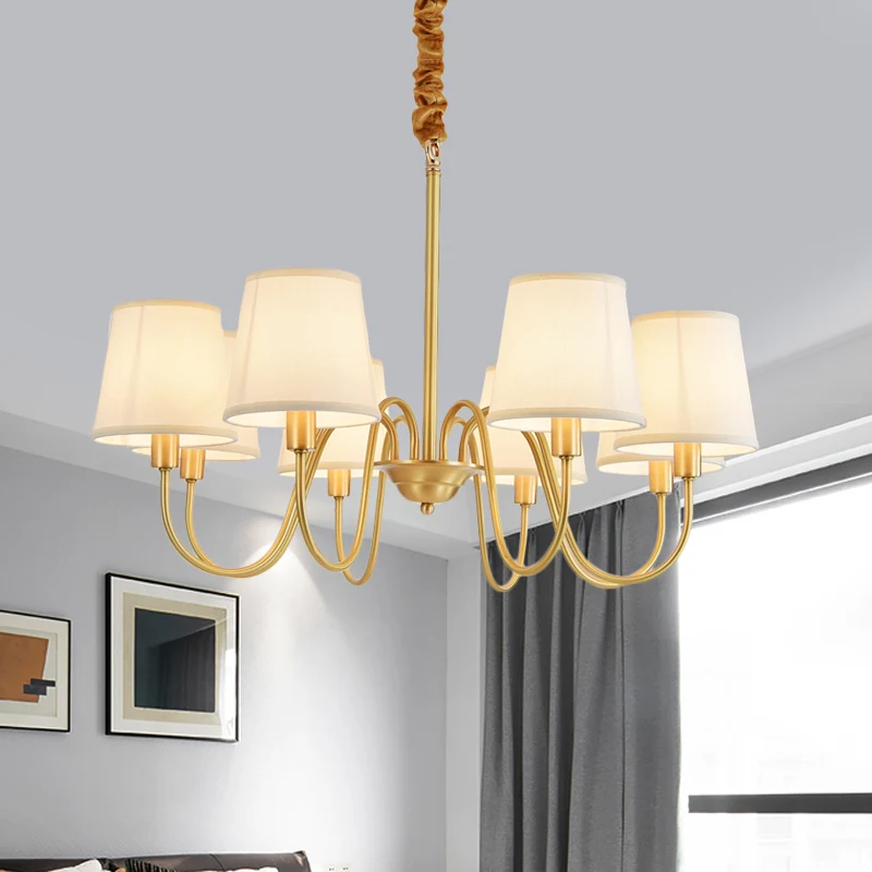 Gouden Vat Hanger Kroonluchter Koloniale Stof 3/5/8 Lampen Woonkamer Plafondlamp Met Zwanenhals Koperen Arm Clearhalo