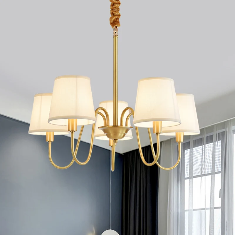 Gouden Vat Hanger Kroonluchter Koloniale Stof 3/5/8 Lampen Woonkamer Plafondlamp Met Zwanenhals Koperen Arm Clearhalo