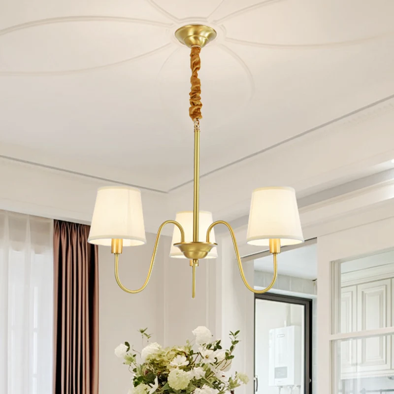 Gouden Vat Hanger Kroonluchter Koloniale Stof 3/5/8 Lampen Woonkamer Plafondlamp Met Zwanenhals Koperen Arm Clearhalo