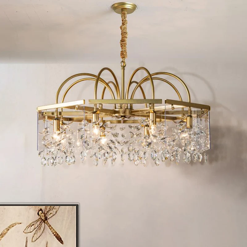 Gouden vierkante hangende kroonluchter Lodge Crystal 4/6/8 lampen woonkamer ophanging hanger Clearhalo
