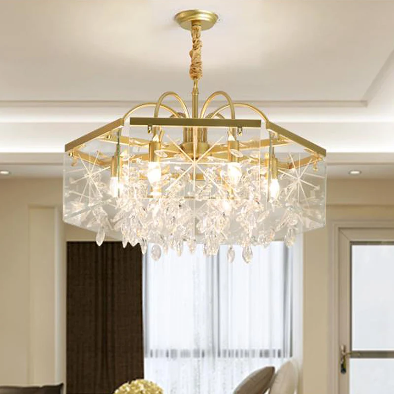 Gouden vierkante hangende kroonluchter Lodge Crystal 4/6/8 lampen woonkamer ophanging hanger Clearhalo