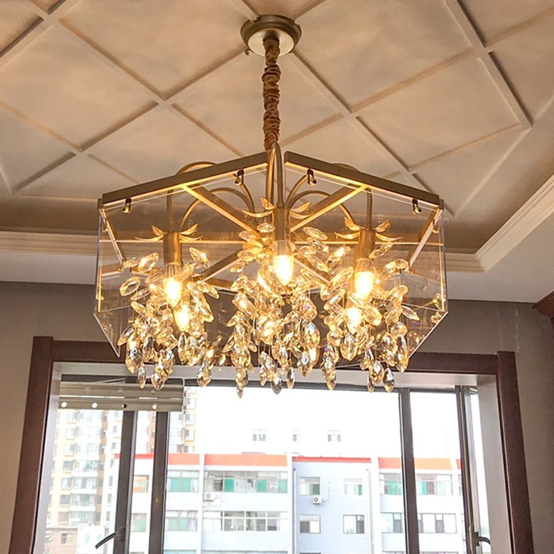 Gouden vierkante hangende kroonluchter Lodge Crystal 4/6/8 lampen woonkamer ophanging hanger Clearhalo