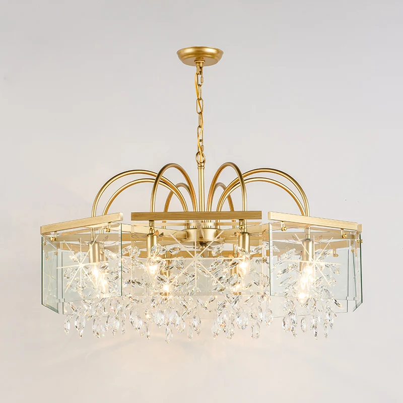 Gouden vierkante hangende kroonluchter Lodge Crystal 4/6/8 lampen woonkamer ophanging hanger Clearhalo