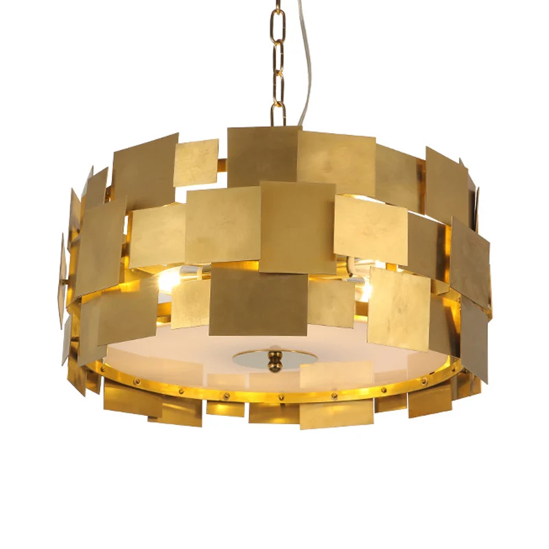Gouden vierkante paneel hangende lichtset Post Modern 6 lampen metalen trommelplafondkroonluchter Clearhalo