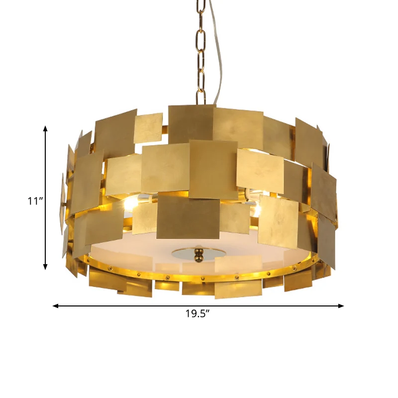 Gouden vierkante paneel hangende lichtset Post Modern 6 lampen metalen trommelplafondkroonluchter Clearhalo