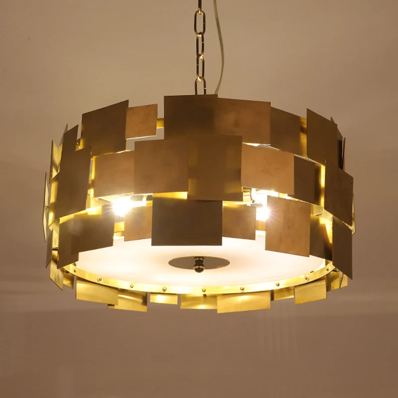 Gouden vierkante paneel hangende lichtset Post Modern 6 lampen metalen trommelplafondkroonluchter Clearhalo
