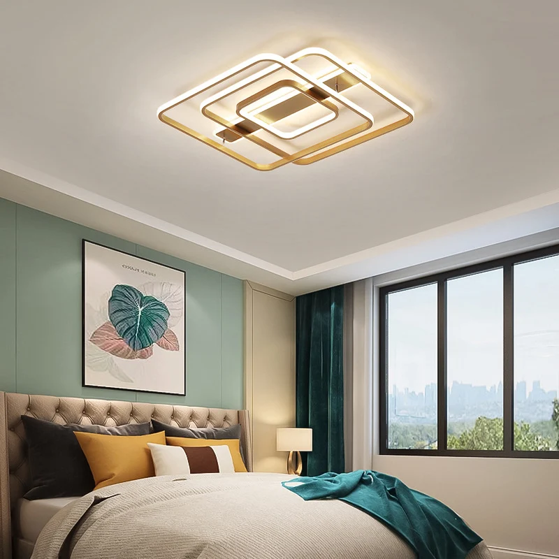 Gouden vierkante plafondlamp modernisme LED acryl semi-gemonteerde verlichting warm/wit licht voor slaapkamer Clearhalo