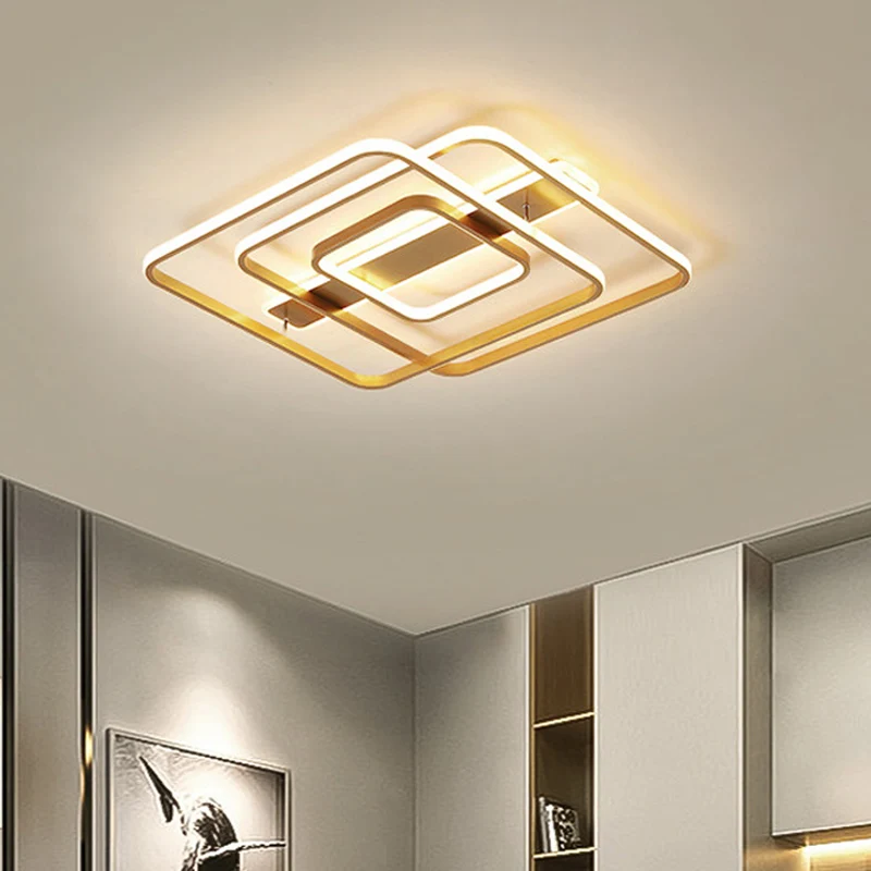 Gouden vierkante plafondlamp modernisme LED acryl semi-gemonteerde verlichting warm/wit licht voor slaapkamer Clearhalo