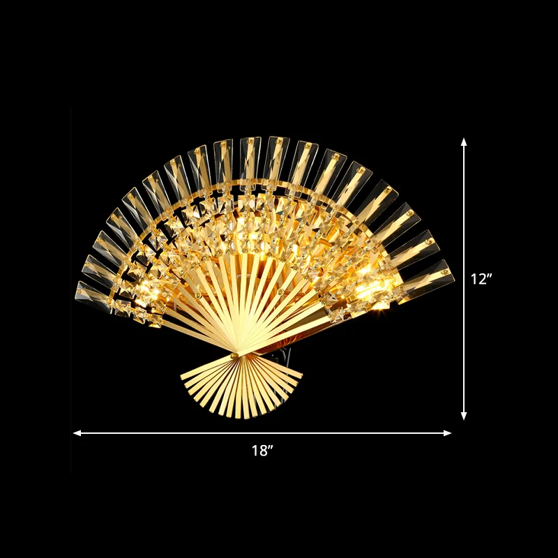Gouden waaiervormige schanslamp vintage stijl 3-lichts metalen wandlamp met heldere kristallen decoratie Clearhalo