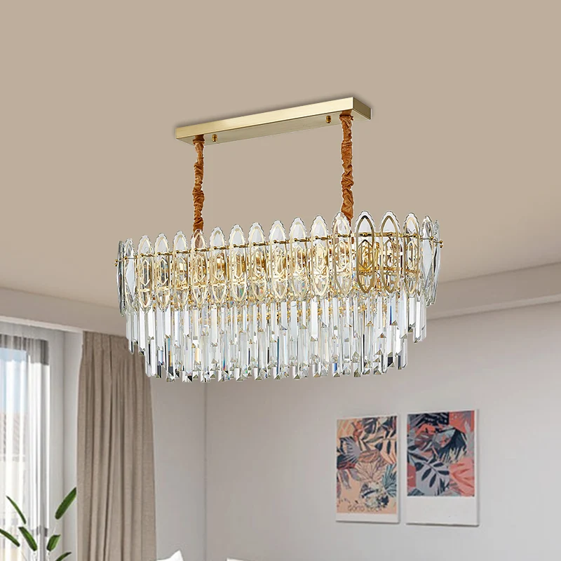 Goudgelaagde langwerpige eilandlamp Eigentijds helder kristal 10-koppige keukenhanglamp Clearhalo