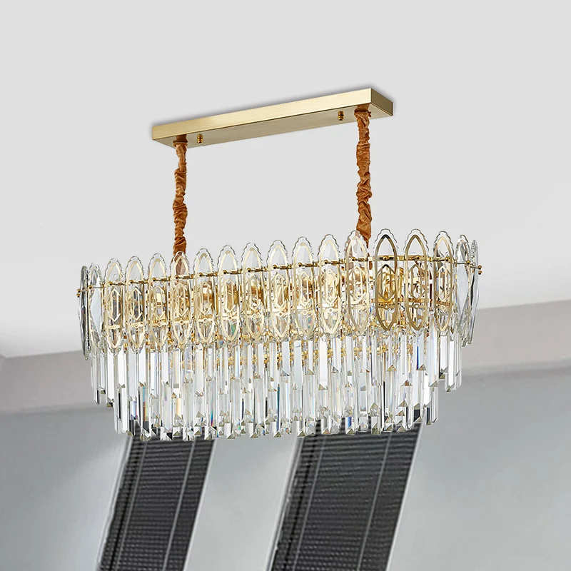 Goudgelaagde langwerpige eilandlamp Eigentijds helder kristal 10-koppige keukenhanglamp Clearhalo