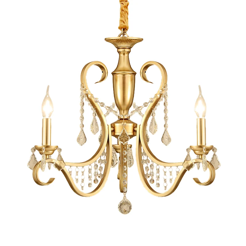 Goudkleurige 3-lichts plafondkroonluchter Platteland Metalen kandelaar Hanglamp met kristallen accent Clearhalo