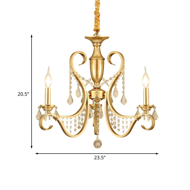 Goudkleurige 3-lichts plafondkroonluchter Platteland Metalen kandelaar Hanglamp met kristallen accent Clearhalo