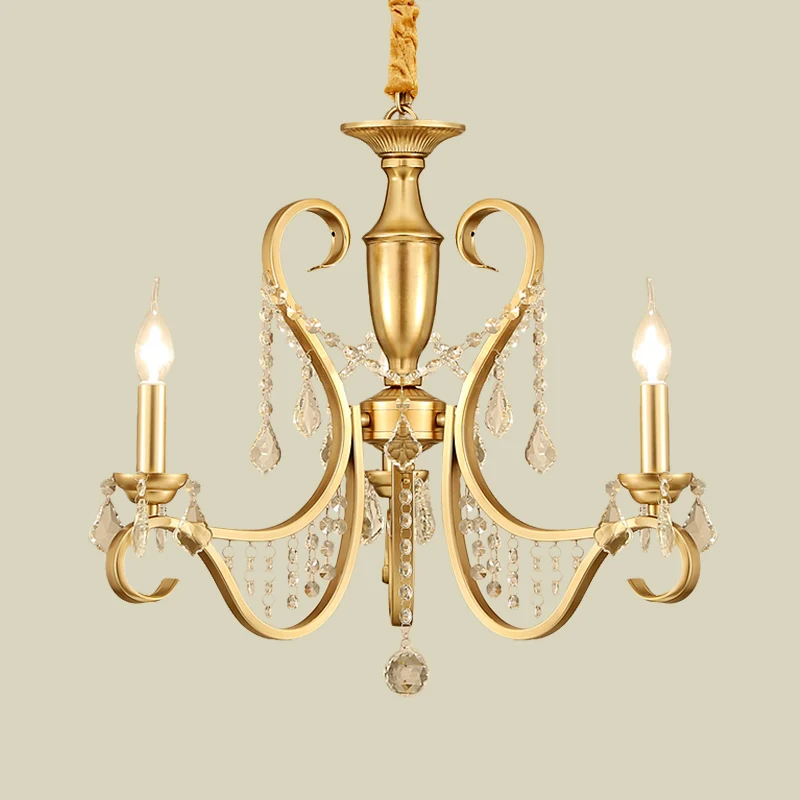 Goudkleurige 3-lichts plafondkroonluchter Platteland Metalen kandelaar Hanglamp met kristallen accent Clearhalo