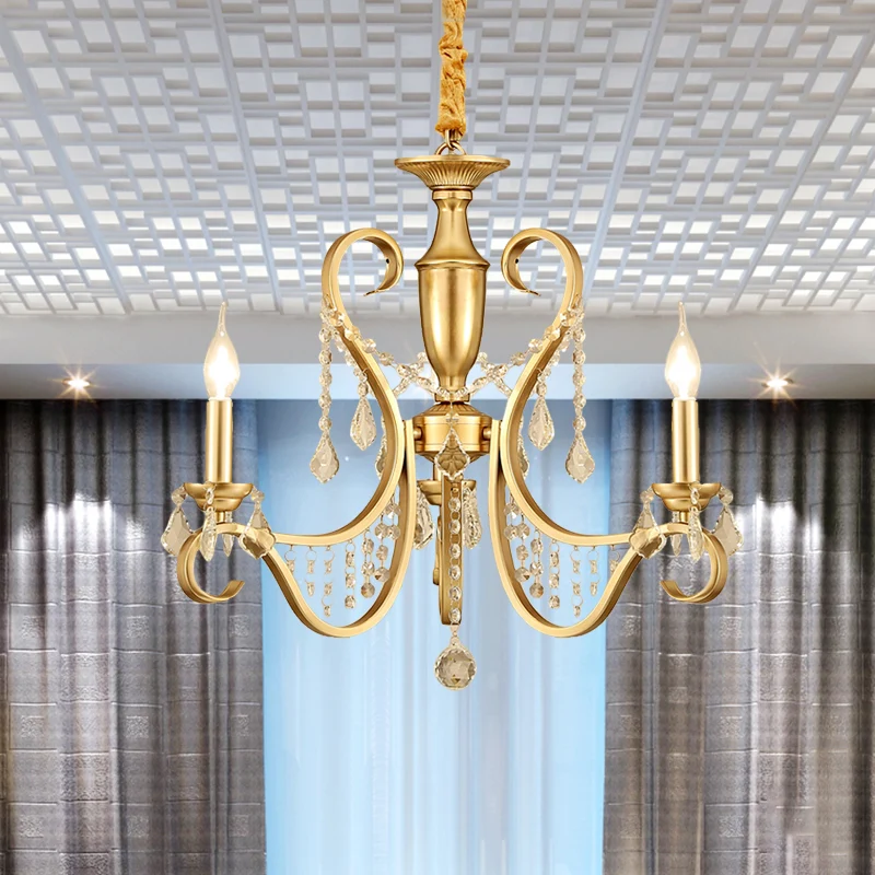 Goudkleurige 3-lichts plafondkroonluchter Platteland Metalen kandelaar Hanglamp met kristallen accent Clearhalo