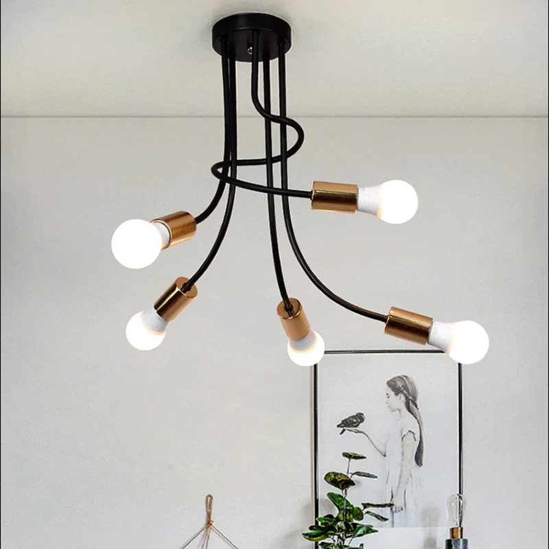 Goudkleurige afwerking, 5 koppen, semi-inbouw, licht industrieel ijzer, gebogen arm, plafondinbouw met kale lamp Clearhalo