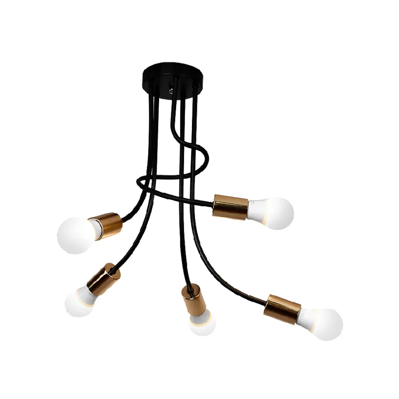 Goudkleurige afwerking, 5 koppen, semi-inbouw, licht industrieel ijzer, gebogen arm, plafondinbouw met kale lamp Clearhalo