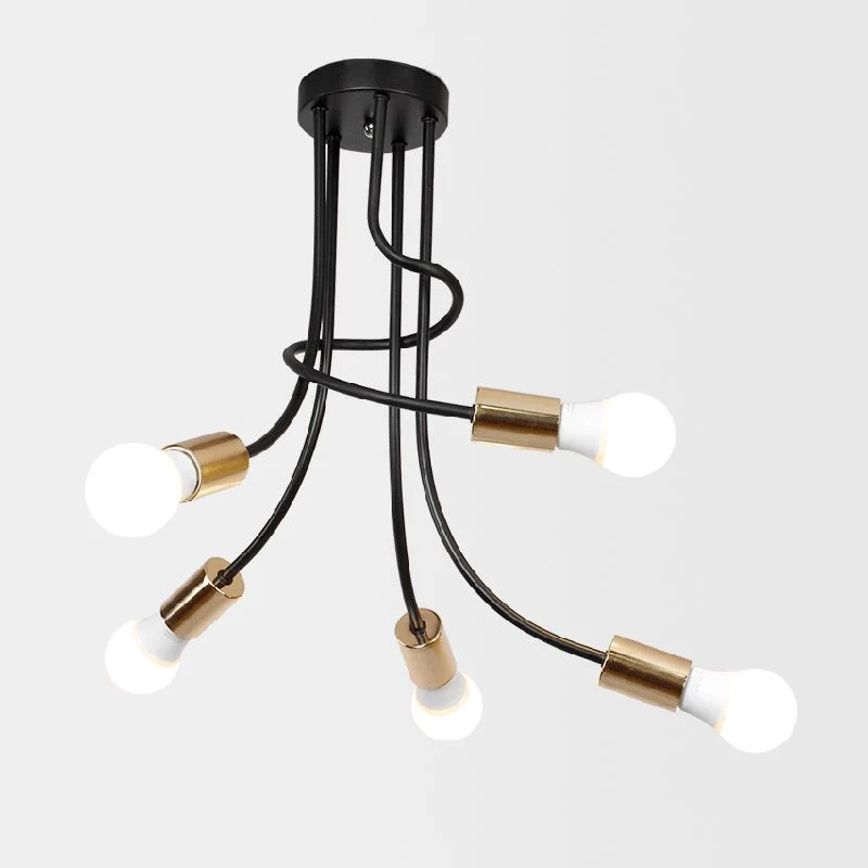 Goudkleurige afwerking, 5 koppen, semi-inbouw, licht industrieel ijzer, gebogen arm, plafondinbouw met kale lamp Clearhalo