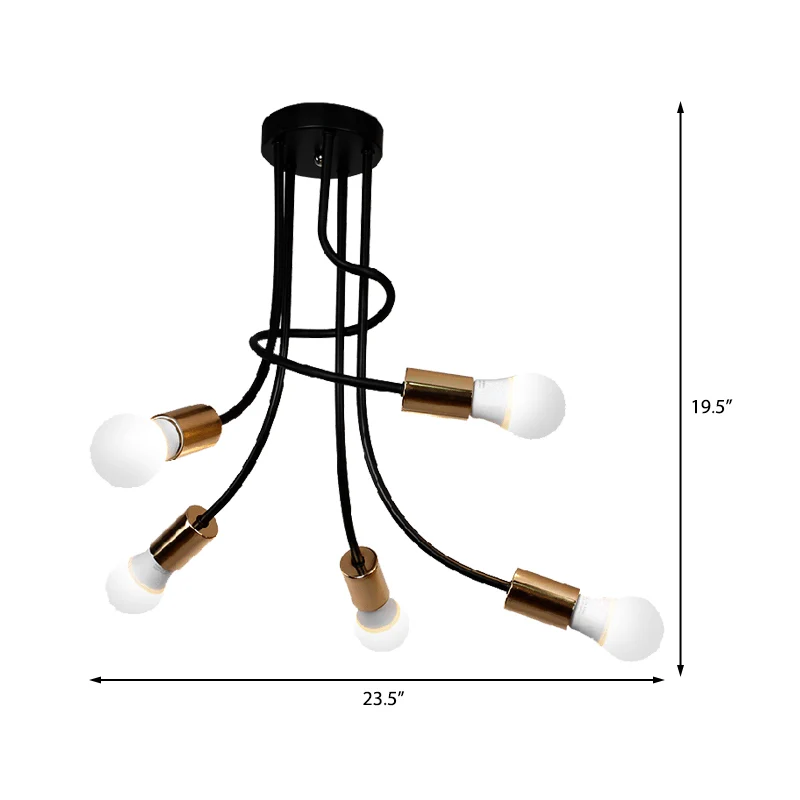 Goudkleurige afwerking, 5 koppen, semi-inbouw, licht industrieel ijzer, gebogen arm, plafondinbouw met kale lamp Clearhalo