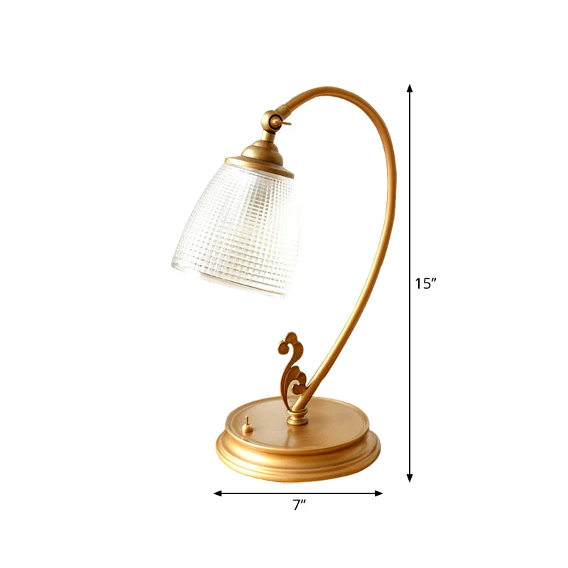Goudkleurige bureaulamp met 1 lamp, vintage metalen nachttafellamp met uitlopende helderglazen kap Clearhalo