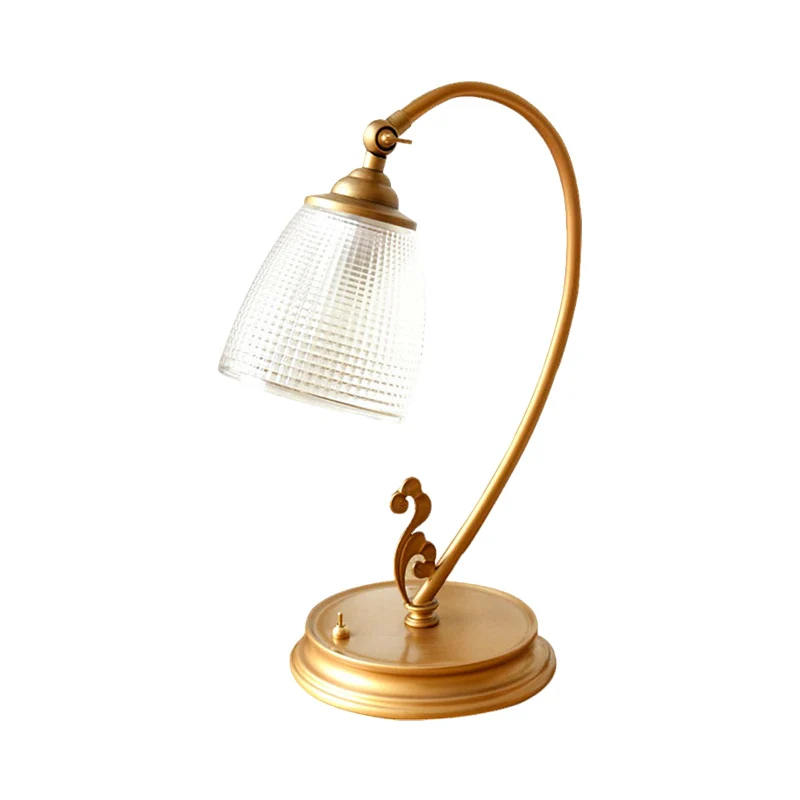 Goudkleurige bureaulamp met 1 lamp, vintage metalen nachttafellamp met uitlopende helderglazen kap Clearhalo