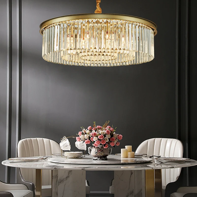 Goudkleurige cirkel ophangverlichting Minimalistische prismatische kristallen kroonluchterlamp voor restaurant Clearhalo