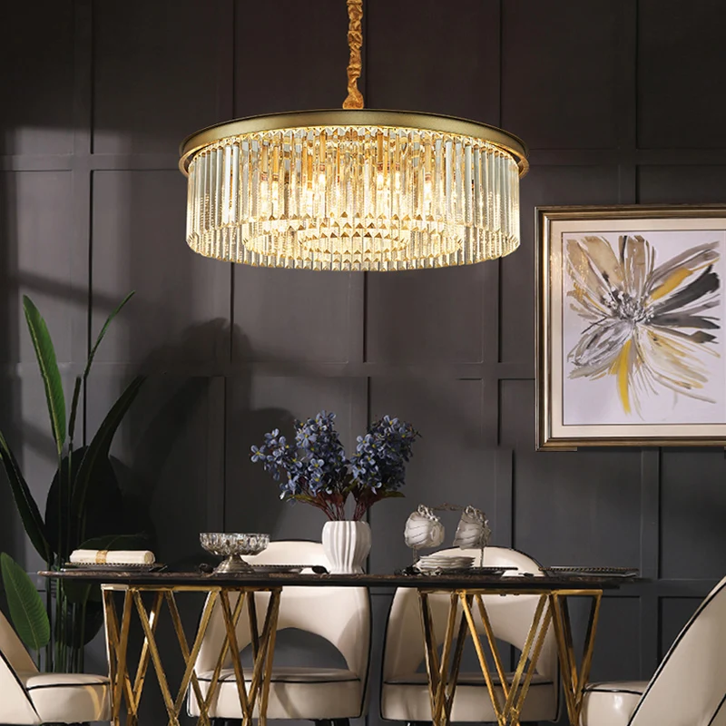 Goudkleurige cirkel ophangverlichting Minimalistische prismatische kristallen kroonluchterlamp voor restaurant Clearhalo