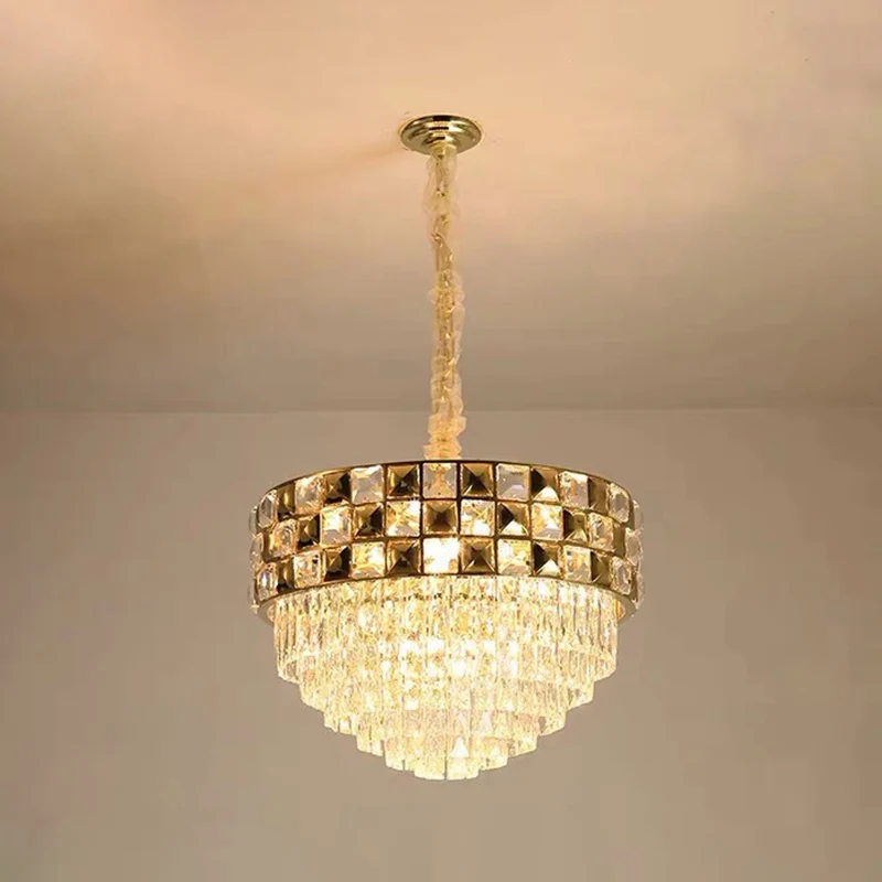 Goudkleurige hanglamp met 14 lampen, postmoderne heldere kristallen gelaagde ronde kroonluchterlamp voor slaapkamer Clearhalo