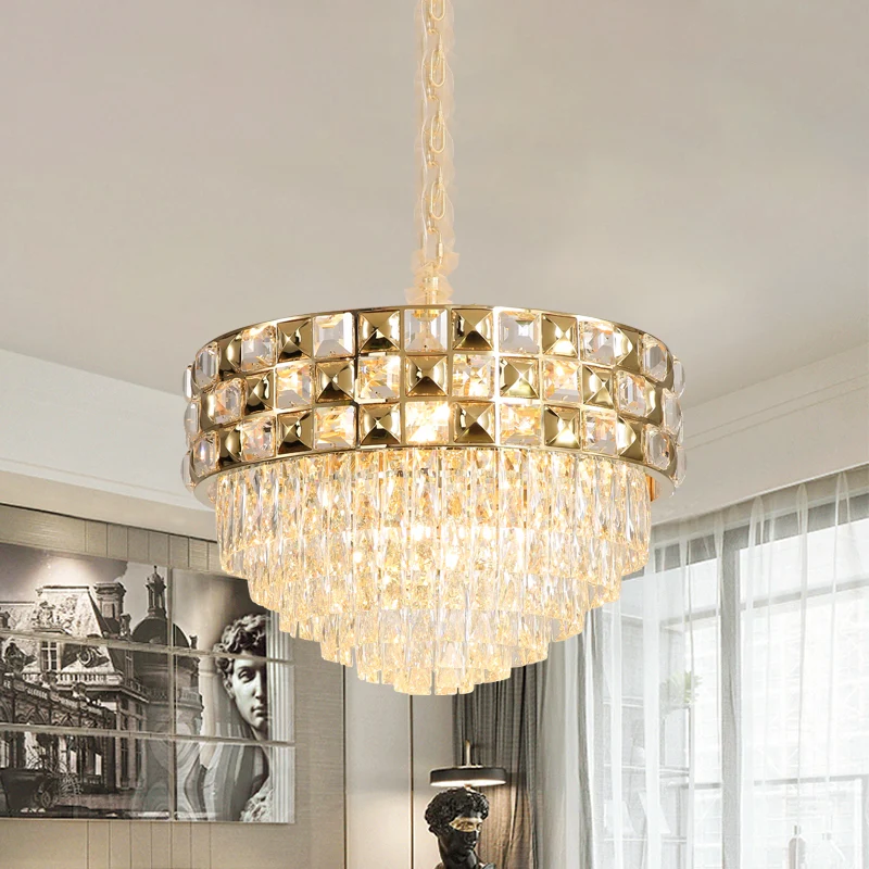 Goudkleurige hanglamp met 14 lampen, postmoderne heldere kristallen gelaagde ronde kroonluchterlamp voor slaapkamer Clearhalo