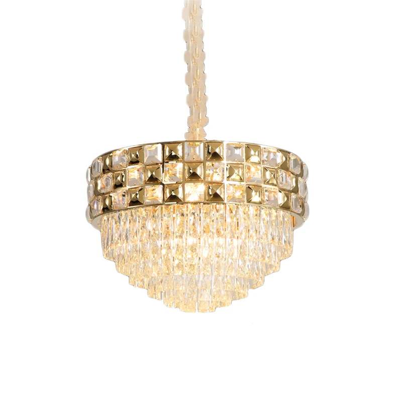 Goudkleurige hanglamp met 14 lampen, postmoderne heldere kristallen gelaagde ronde kroonluchterlamp voor slaapkamer Clearhalo