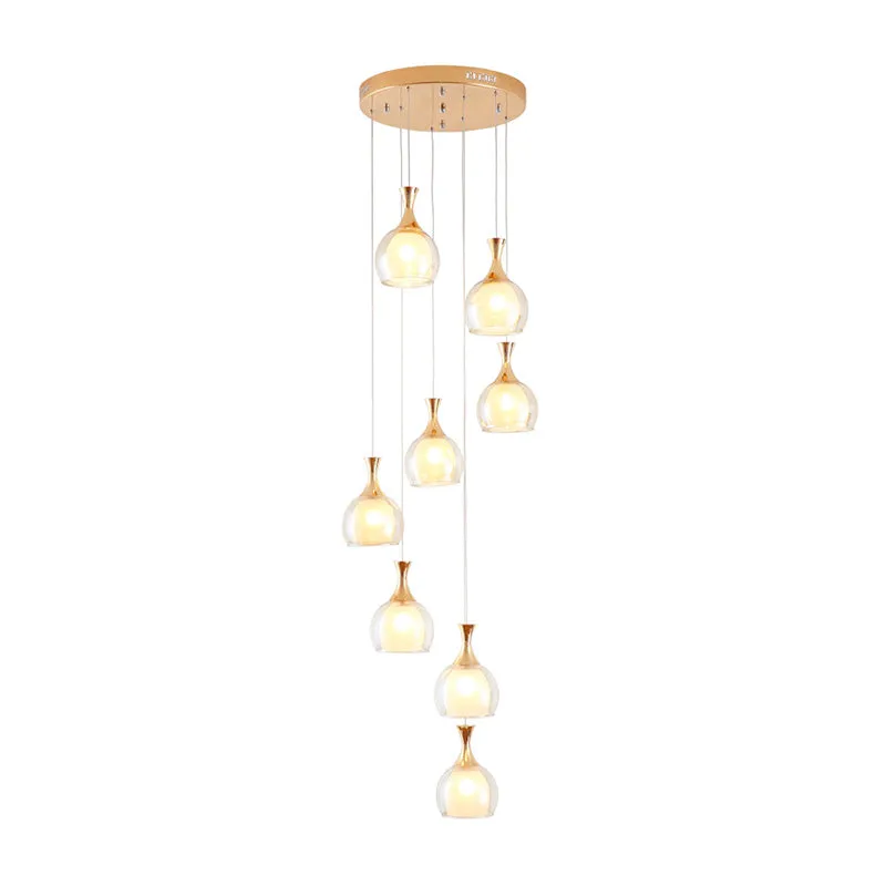 Goudkleurige plafondlamp met 8 lampen, modernisme, helderglazen koepel, multilamp-hanger met ronde luifel Clearhalo