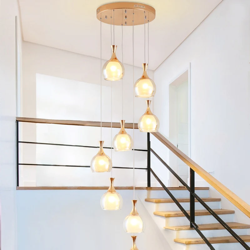 Goudkleurige plafondlamp met 8 lampen, modernisme, helderglazen koepel, multilamp-hanger met ronde luifel Clearhalo