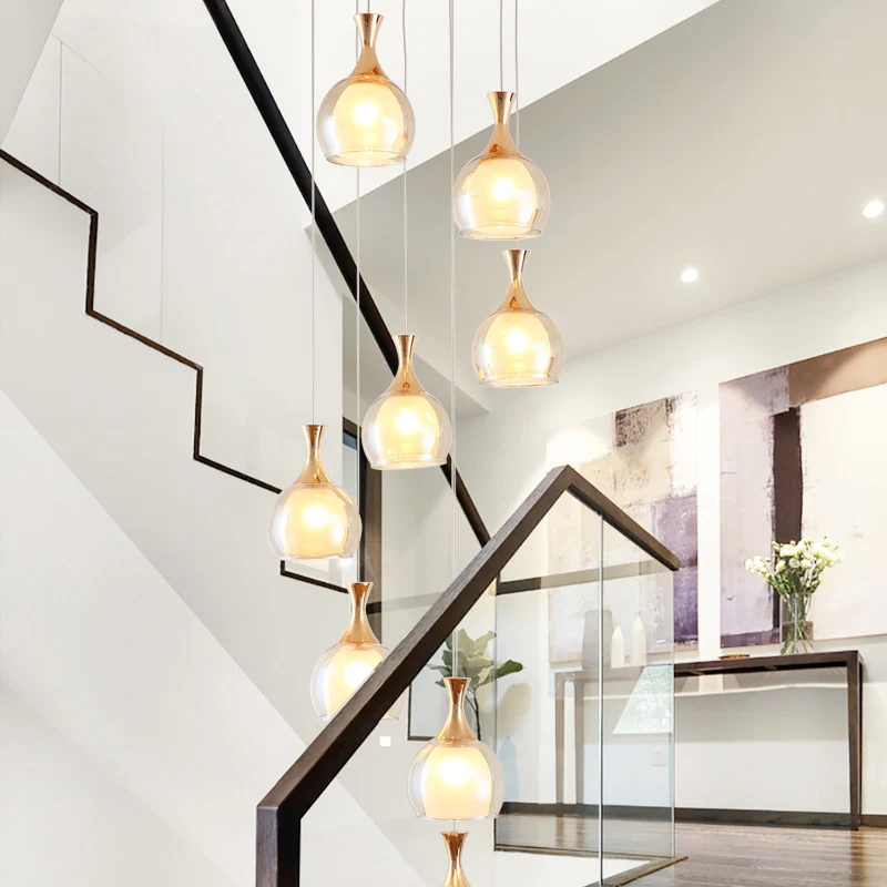 Goudkleurige plafondlamp met 8 lampen, modernisme, helderglazen koepel, multilamp-hanger met ronde luifel Clearhalo