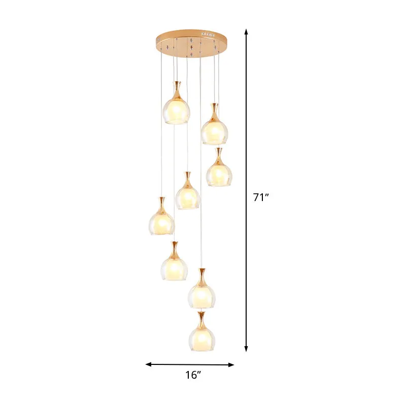 Goudkleurige plafondlamp met 8 lampen, modernisme, helderglazen koepel, multilamp-hanger met ronde luifel Clearhalo
